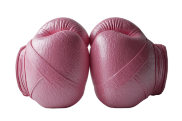 Pink boxing gloves symbolizing breast cancer awareness against a plain background