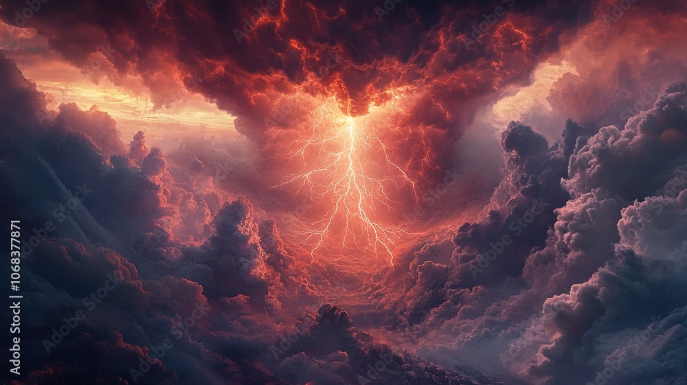 Poster thunder and lightning on a background with a blue sky. light thunderstorm