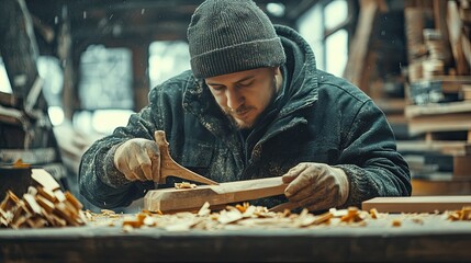 A carpenter uses a hand plane to shape wood. This photo is perfect for illustrating a blog post on woodworking or craftsmanship.