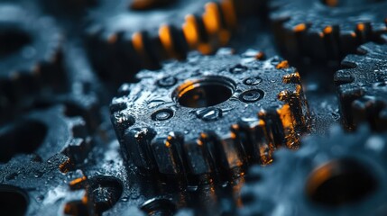 Close-up view of interlocking metal gears, highlighting their strength, precision, and the elegance of industrial engineering.