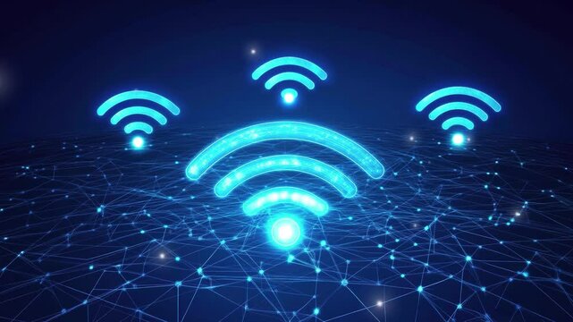 Abstract wireless network concept with digital technology. Digital connection and communication icons such as "Wi-Fi". Wireless network connection with icons. Digital network. wireless signal icon