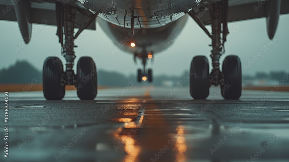 Poster low angle view of an airplane taxiing on a wet runway after a rain shower, with the focus on the lan