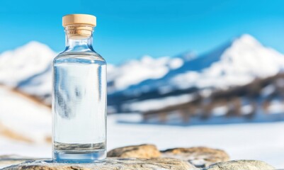 Obraz premium A clear glass bottle of water on rocks with a snowy mountain landscape in the background, symbolizing purity and nature.