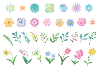 
春の花と葉っぱ　イラストセット　手描き水彩風