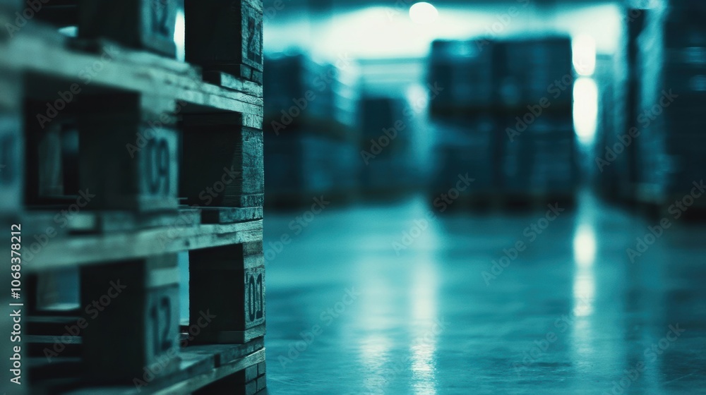 Poster rows of wooden pallets are stacked systematically in a spacious warehouse, illuminated by soft light