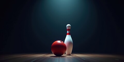 A striking composition featuring a red bowling ball and a white pin, illuminated by dramatic lighting. Ideal for sports, leisure, or recreational business themes.