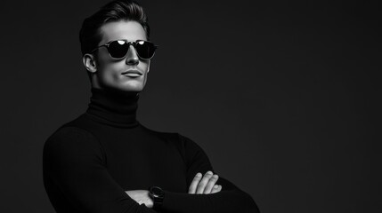 Man in Sunglasses with Arms Crossed, Black and White Portrait