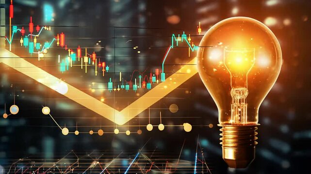 A glowing light bulb symbolizes creativity and innovation, set against a backdrop of abstract graphs and city lights during nighttime