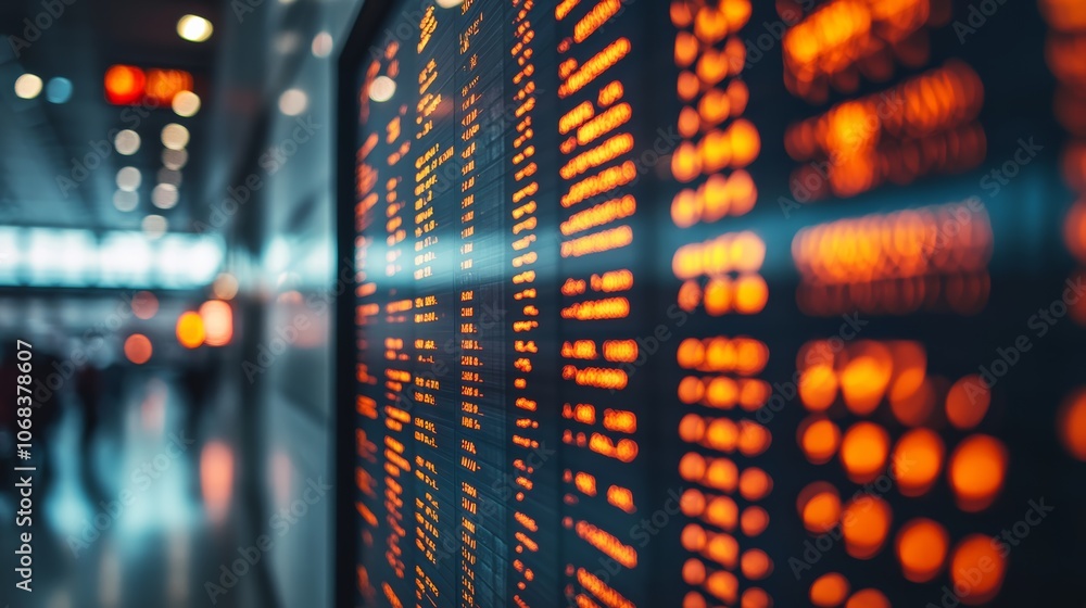 Poster busy airport terminal with a blurred effect, showing a departures board in orange and black hues. tr