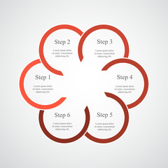 Step by step red infographic template with 6 steps, options, parts or processes.
