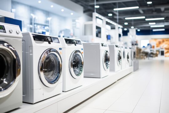Sleek row of modern washing machines exhibited in a brightly lit appliance showroom.