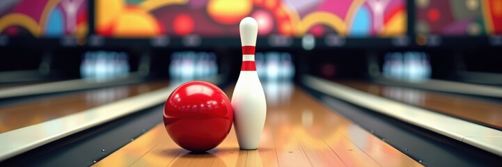 A vibrant bowling alley scene featuring a red bowling ball and a single pin, perfect for sports promotions, entertainment, and recreational activities.