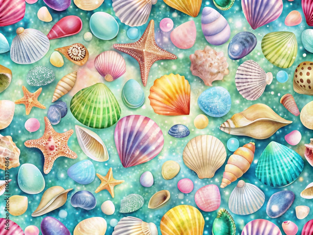 Poster hand-drawn watercolor sea shells and stones seamless pattern background with bokeh effect for ocean 