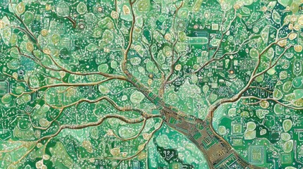 Obraz premium Lush eco-tree sprouting from a microchip on a circuit board, blending green foliage with intricate tech details, embodying environmental innovation and sustainability