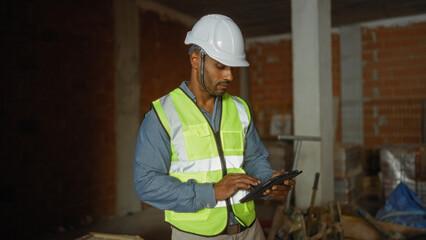 Young man working at construction site using tablet wearing safety helmet and high visibility vest