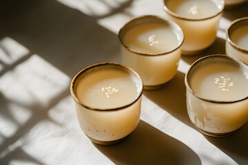 Traditional Sikhye, Korean sweet rice drink served in elegant Korean cups for an authentic experience