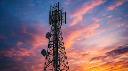 Telephone and microwave towers with tangled cables and a bright sky in the background, Telecommunication tower antenna in morning sky Evening sky.