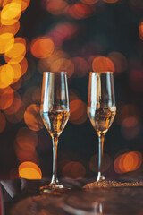 two narrow champagne glasses and defocused lights at the restaurant. Two glasses of cold sparkling champagne standing on table with blur background of christmas tree. Alcoholic drink for celebration. 