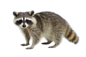 A raccoon stands isolated against a , showcasing its unique features