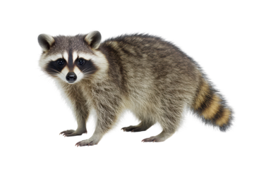 A raccoon stands isolated against a , showcasing its unique features