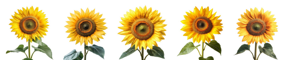 Obraz premium A row of five vibrant sunflowers, facing different directions, isolated on a transparent background.