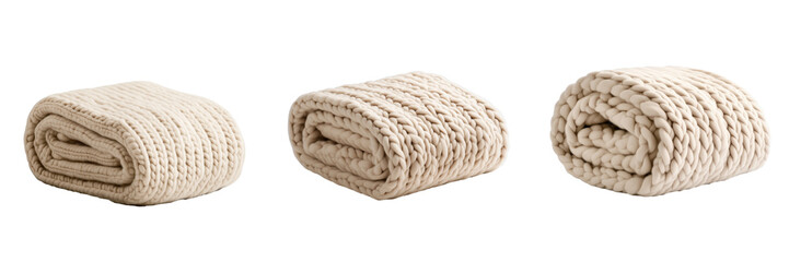 Obraz premium Chunky Knit Blanket in Neutral soft beige Tones , folded and isolated on a transparent background 
