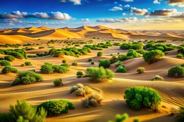 Fototapeta premium Stunning Tilt-Shift Photography of Vast Desert Landscape Featuring Majestic Sand Dunes and Resilient Vegetation in a Dreamlike Aerial Perspective for Nature and Travel Enthusiasts