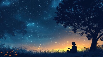 A silhouette of a person under a starry night. This image is perfect for representing peace, solitude, and introspection.