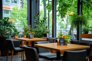 Fototapeta premium Cozy indoor cafe featuring inviting seating for a relaxing coffee experience.
