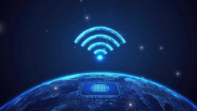Abstract wireless network concept with digital technology. Digital connection and communication icons such as "Wi-Fi". Wireless network connection with icons. Digital network. wireless signal icon
