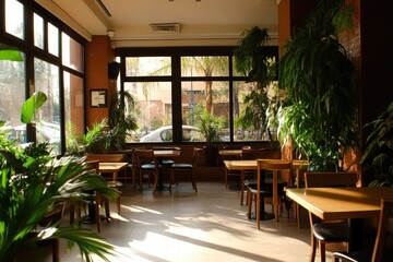 Fototapeta premium Cozy indoor cafe featuring inviting seating for a relaxing coffee experience.
