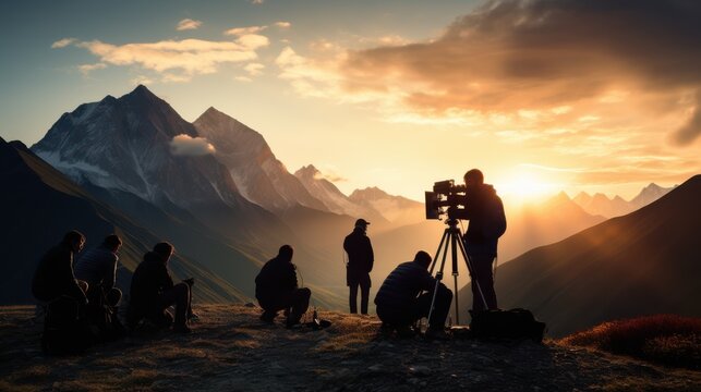 Film crew silhouettes against majestic mountains at golden hour, capturing the beauty of nature with cinematic artistry.