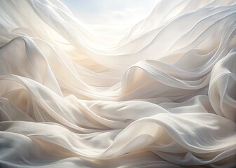 Obraz premium Surreal Abstract White Fabric Background with Gentle Waves, Ethereal Textures, Dreamy Patterns, Soft Lighting, Fluid Motion, Minimalist Aesthetic, and Serene Composition for Artistic Imagery