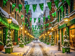 Fototapeta premium Holiday Snow Green Banner in Urban Exploration: A Festive Scene of Winter Wonderland with Snow-Covered Cityscape and Vibrant Green Decorations for Joyful Celebrations