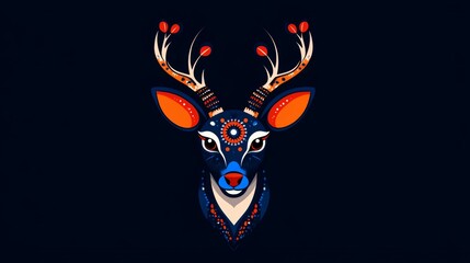 Fototapeta premium Ornate Deer Head Dark Background Blue Orange Mandala Design Animal Art