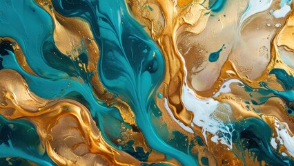 A vibrant abstract art piece featuring flowing turquoise and gold hues, creating an elegant and luxurious feel perfect for modern decor