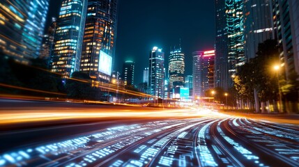 Fototapeta premium Futuristic Cityscape Night Traffic Data Streams Modern Buildings