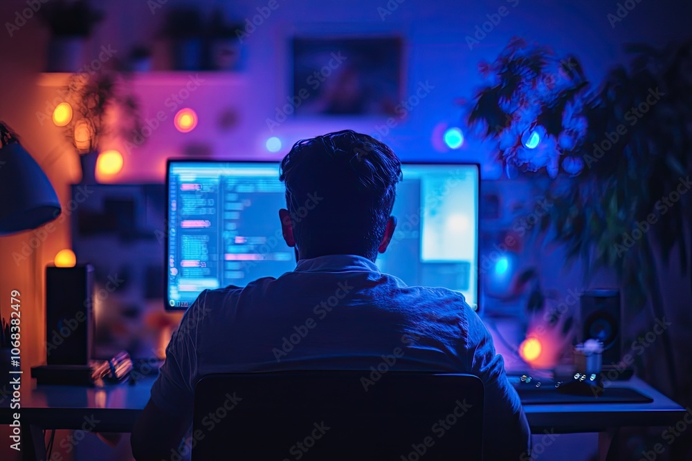 Poster a man sits in front of a computer screen. the photo can be used for web design and marketing related