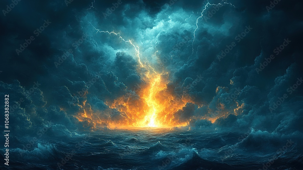 Poster thunder and lightning on a background with a blue sky. light thunderstorm