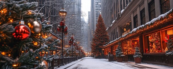 Christmas lights and decorations transforming city street during snowfall