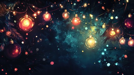 Festive scene with glowing fairy lights and ornaments, against a dark background, leaving room for cheerful holiday text.