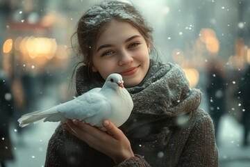 A young woman holding a white dove. This image can be used for promoting peace and love.