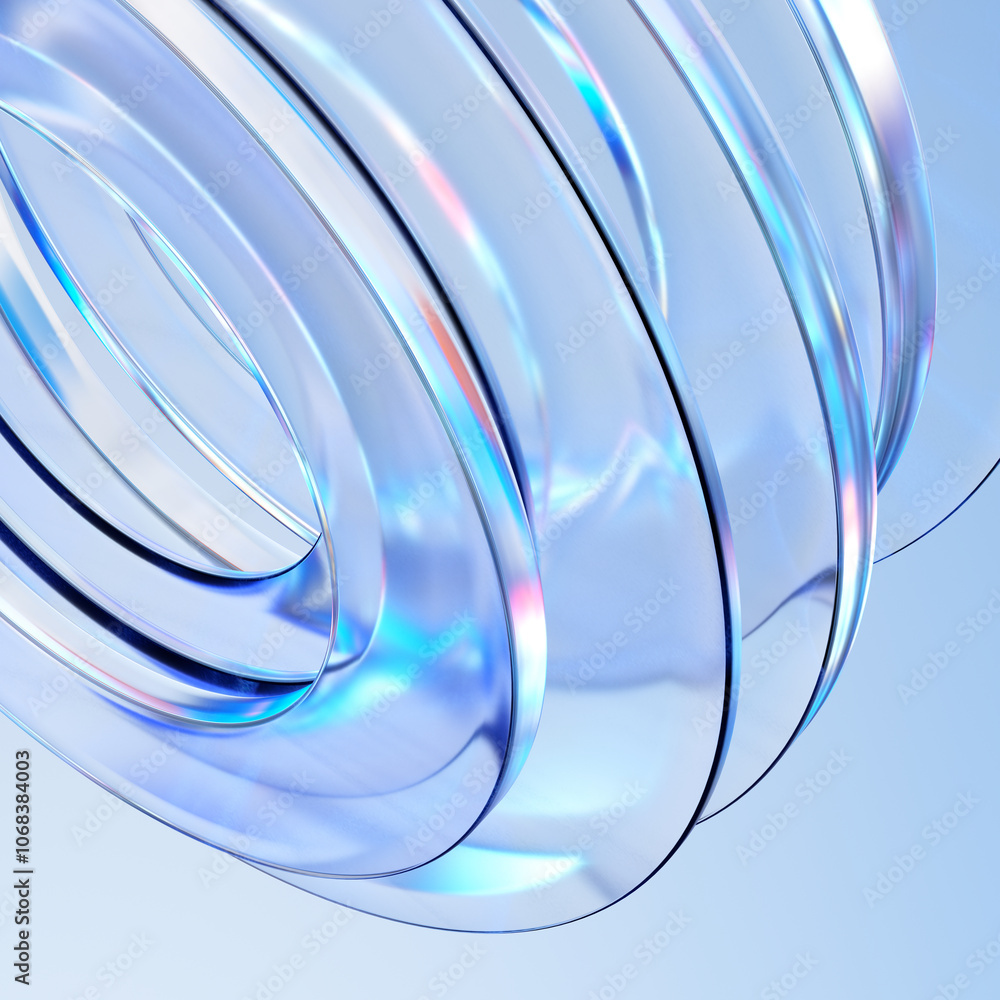 Fototapete glass disc shapes with colorful reflections composition. close-up view. 3d rendering illustration.