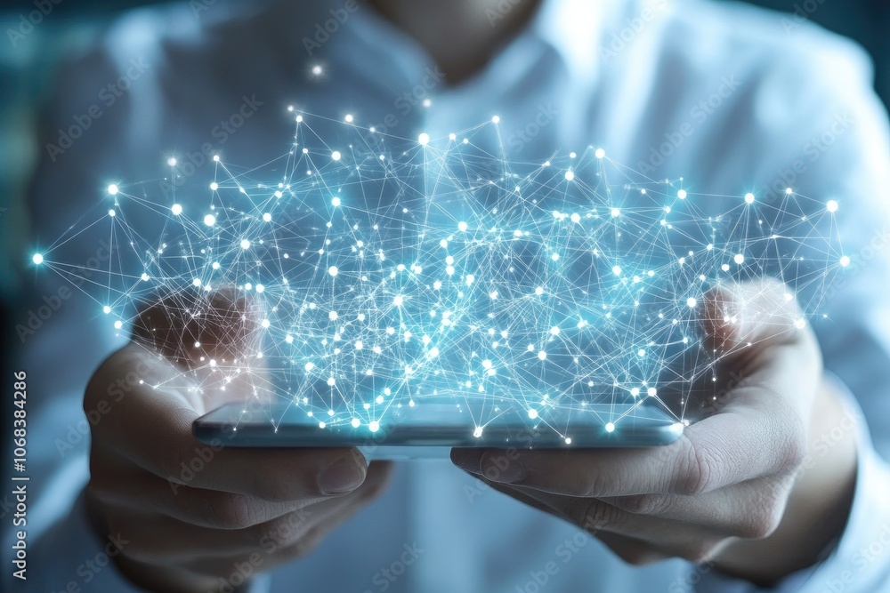 Poster hands holding a smartphone with a glowing network. this image can represent the concept of connectiv