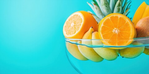 A vibrant bowl of fresh fruits including oranges, bananas, and pineapple against a turquoise background.