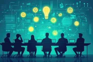 Silhouettes of a team brainstorming. The photo represents teamwork and innovation, illustrating a group of people working together on creative ideas.