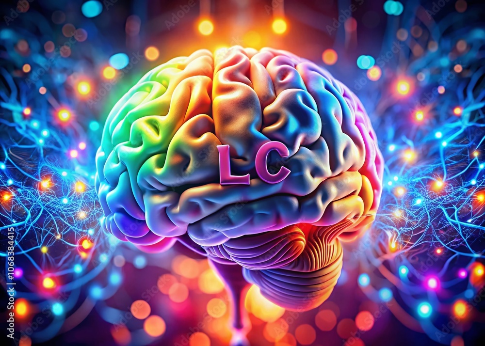 Poster intricate visualization of a human brain featuring the letters i, l, and c, symbolizing intelligence