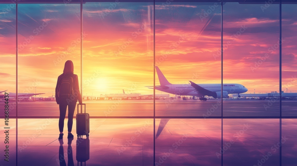 Poster traveler looks at a plane on a runway at sunset from an airport window, capturing the excitement of 