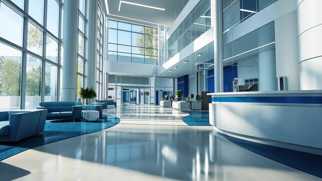 Modern Office Building Lobby Interior With Reception Desk and Large Windows