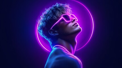 Neon Man Futuristic Portrait Stylish Sunglasses Cyberpunk Style Purple Pink Glow Light Abstract Art